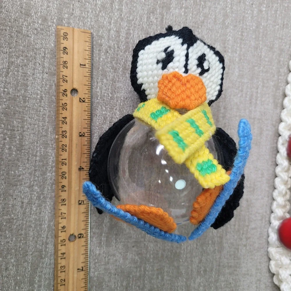 Vintage Handmade Plastic Canvas Snowman Penguin Sleigh Christmas Ornaments 4pc
